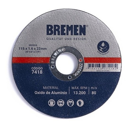 Discos De Corte 115 X 1.6mm Caja 25 Unidades - Bremen® 7418 Color Azul acero