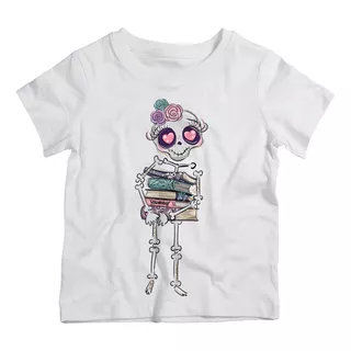 Camiseta Infantil Menina Esqueleto Menina Livros Halloween