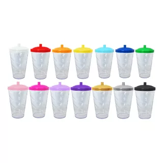 25 Copos Twister 400ml Tampa Colorida E Canudo Transparente