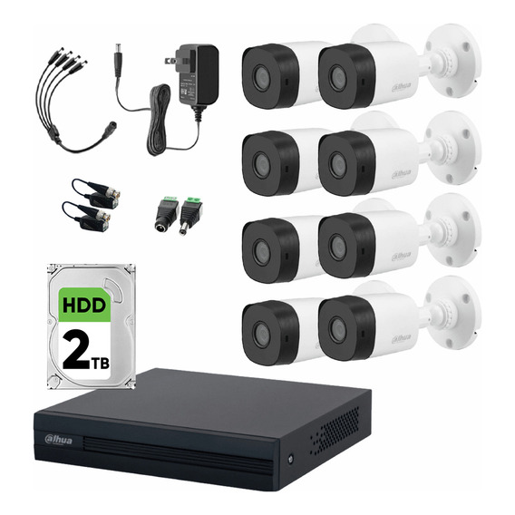 Dahua Kit De 8 Cámaras B1a21 Resolución De 2mp 1080p Dvr Cooper-i Wizsense Hasta 8 Canales Smd Plus Búsqueda De Humanos Y Vehículos + Hdd 2tb Visión Nocturna Blanca