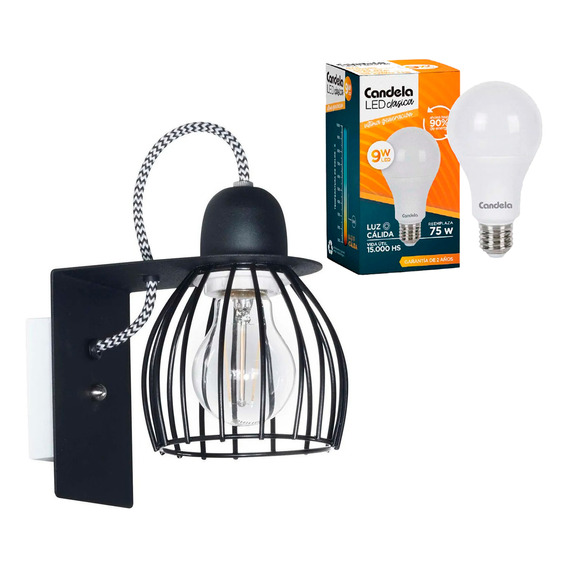 Set Aplique Pared Int. Jaula Vintage + Lampara Led 9w Calida