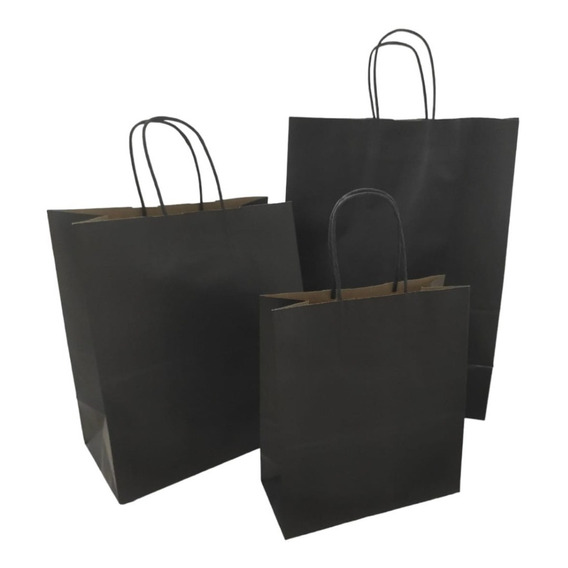 Bolsas Papel Kraft Negra,  28x15x32 Cms Con Manilla, 50 Und