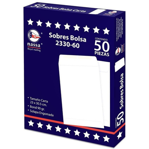 Sobres Bolsa Blanco Carta 23 X 30.5 S/engomada C/50pzs Nassa Nombre Del Diseño Sobre Carta Color Blanco