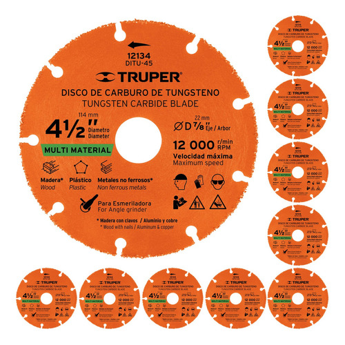 10pz Discos Corte Tungsteno 4 1/2 Multimaterial Truper 12134 Color Naranja