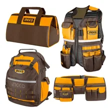 Bolso Mochila Chaleco Cartuchera Porta Herramientas Ingco Color Amarillo Con Marron Amarillo/marron