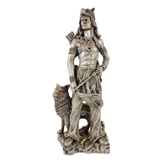 Escultura De Resina Guerrero Indio Con Lobo 40cm Protección 