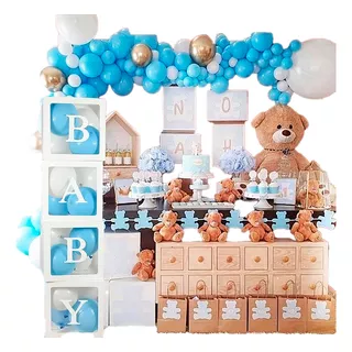 Arco De Globos Baby Shower Azul + 4 Cubos Mobiliario