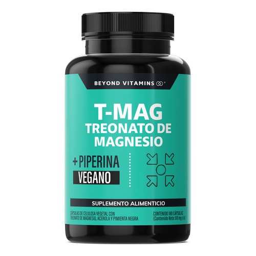 T-mag Treonato Magnesio, Magnesio Y Acerola | Alta Absorción Con Piperina Al 95% | Sin Azúcar - Suplemento Alimenticio Vegano Beyond Vitamins - 180 Cápsulas