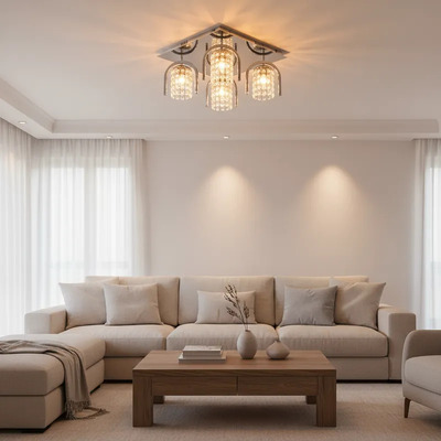Plafon Renny 4 Luces Base Cuadrada Cristal Apto Led E27  Cromo