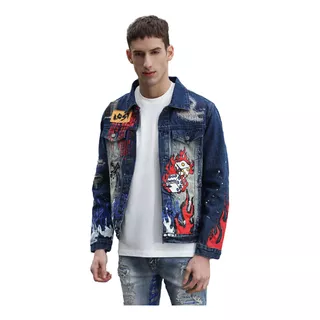 Logeqi® Hombres Chaqueta Vaquera Street Graffiti Rasgada