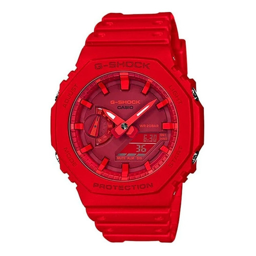Reloj pulsera Casio G-Shock GA-2100 de cuerpo color rojo, analógico-digital, para hombre, fondo bordó, con correa de resina color rojo, agujas color rojo y blanco, dial rojo, subesferas color bordó y rojo, minutero/segundero bordó, bisel color rojo, luz blanco y hebilla simple