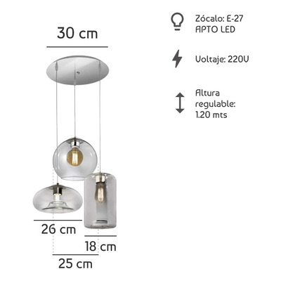 Colgante 3 Luces Desigual Transparente Base Redonda Led E27
