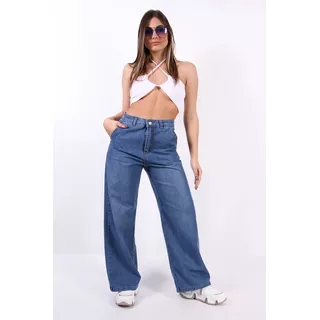 Jean Pantalon Mujer Wide Leg Rigido Tiro Alto