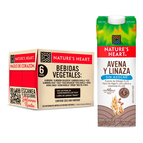 Pack X6 Bebidas Nature's Heart De Avena Y Linaza Sin Azúcar