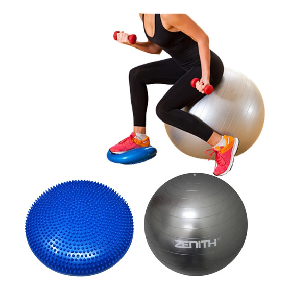 Kit Fitball Y Cojín Inestable Zenith 2 Infladores Pilates