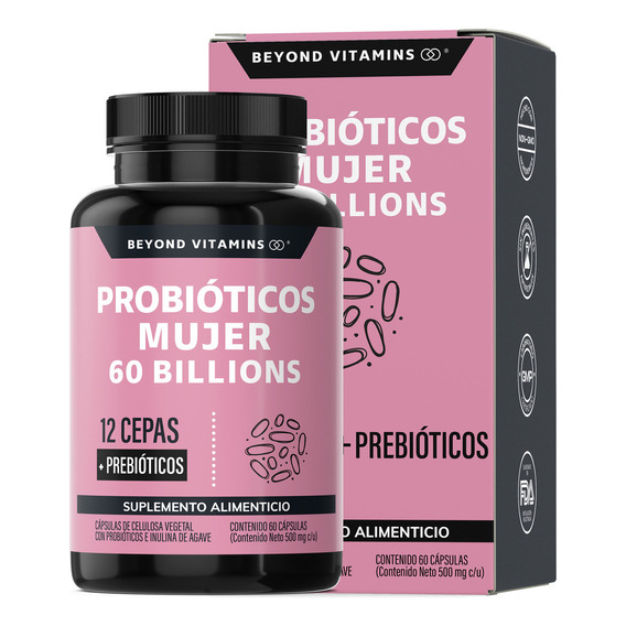 Probióticos Mujer 60 Billion + Prebióticos + Inulina De Agave| 12 Cepas Con Tecnología De Microencapsulación Para Resistir Ácidos Estomacales | Suplemento Alimenticio Beyond Vitamins - 60 Cápsulas