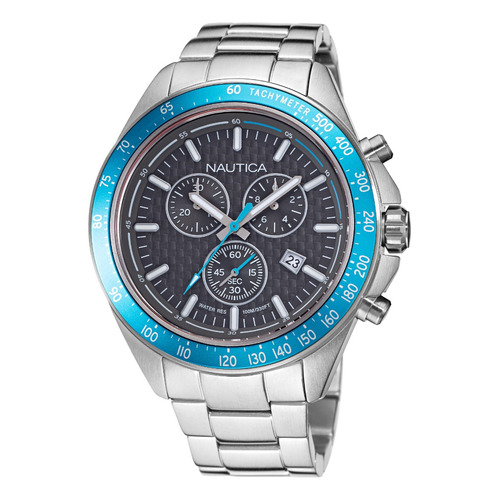 Reloj Nautica Napobf119 Para Hombre Malla Plateado Bisel Azul Fondo Gris