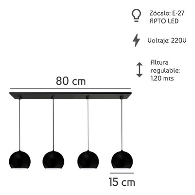 Colgante 4 Luces Bocha 15cm Negro Apto Led E27 Deco Moderno