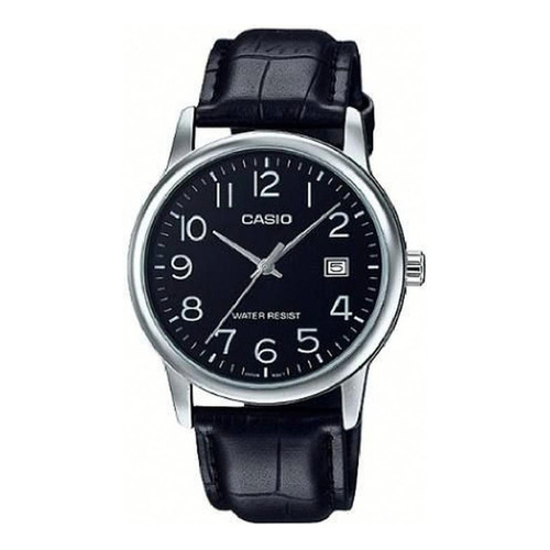 Reloj pulsera Casio MTP-V002 con correa de cuero color negro - bisel plateado