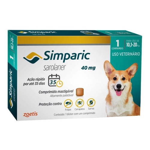 Pastilla antiparasitario para pulgas Zoetis Simparic para perro de 10.1kg a 20kg