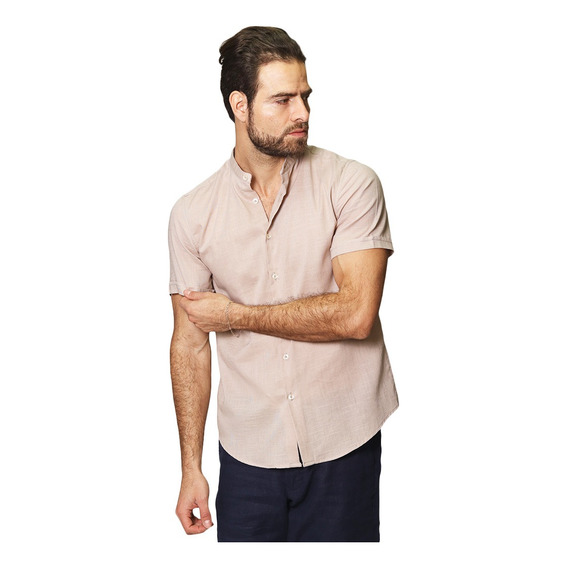 Camisa Hombre Cuello Mao Tipo Lino Moda Slim Fit Manga Corta