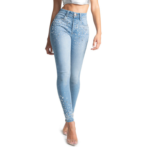 Jeans Dama Seven Cintura Alta Súper Skinny Con Pedrería  