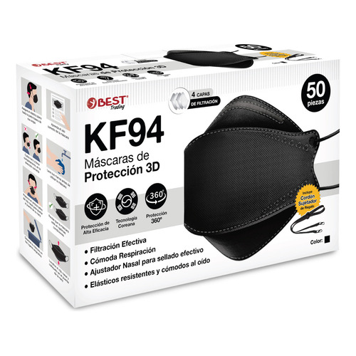 50 Cubrebocas Best Trading KF94 Certificado, Tapabocas con 4 Capas de Protección contra Partículas, Ajustador Nasal Oculto, Color Negro