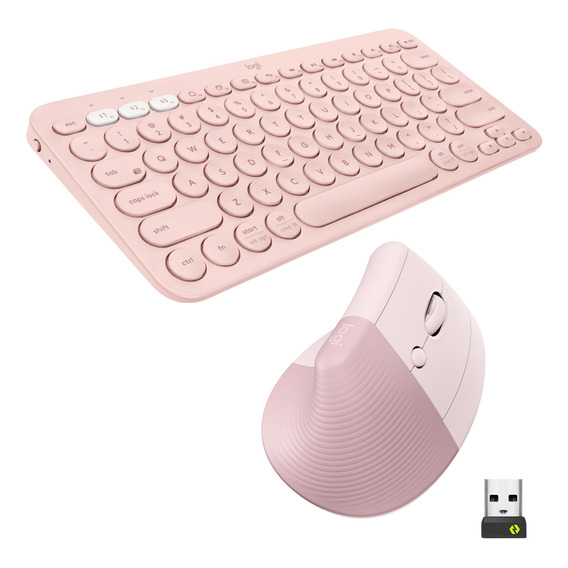 Combo Logitech Mouse Lift Vertical + Teclado Bt K380 Rosado