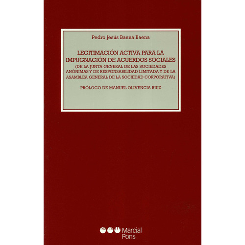 Legitimación Activa Para La Impugnación De Acuerdos Sociales, De Pedro Jesús Baena Baena. Editorial Marcial Pons, Tapa Blanda, Edición 1 En Español, 2006