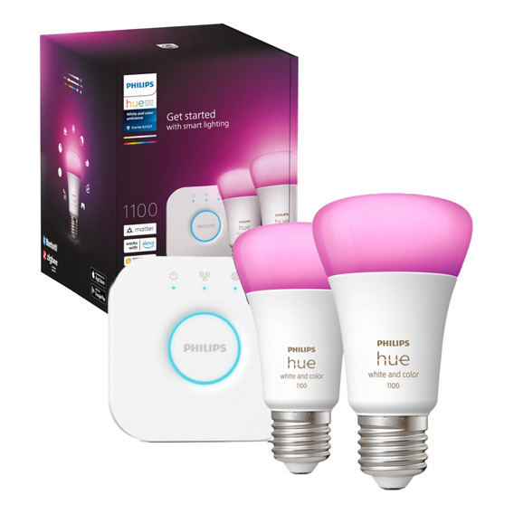 Kit Philips Hue Bridge + 2 Ampolletas Colores 1100 Lm E27 Bt