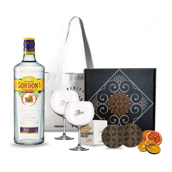 Kit Regalo Gin Gordons Box + 2 Copas Transparentes Grabadas