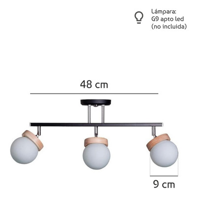 Aplique Sistema 3 Luces Elyn Negro Madera Globo Opal Apto G9