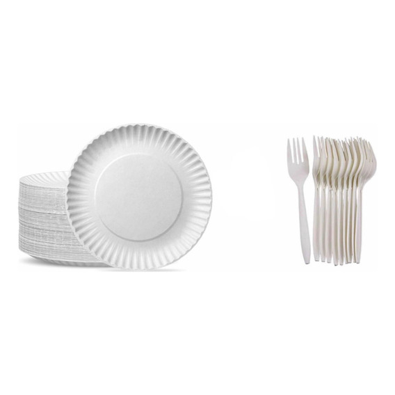 Pack 100 Plato De Carton Blanco + 100 Tenedores Desechables