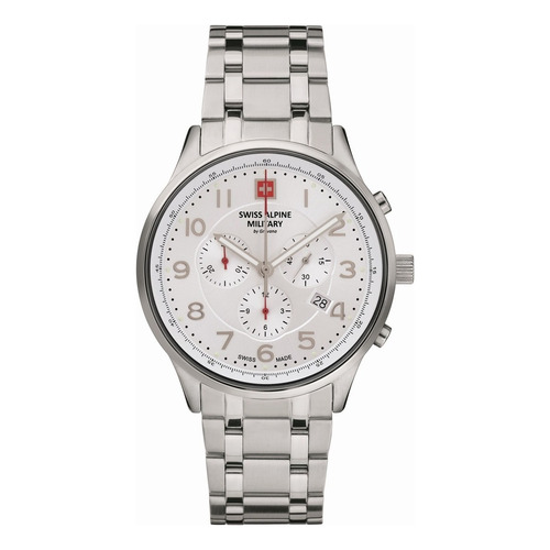 Reloj Swiss Alpine Military Skymaster Chrono 7084.9132sam Malla Plateado Bisel Plateado Fondo Plateado