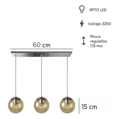 Colgante 3 Luces Globo 15cm Vidrio Ambar Deco Apto Led E27