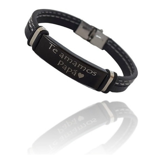 Pulsera Grabada Piel  Acero Negro Personalizada Laser