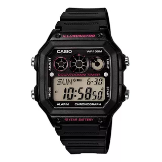 Reloj De Pulsera Casio Youth Ae-1300 De Cuerpo Color Negro, Digital, Fondo Negro, Con Correa De Resina Color Negro, Dial Negro, Subesferas Color Gris Y Negro Y Rosa, Minutero/segundero Negro, Bisel Co