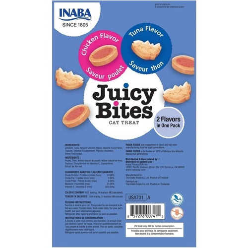 Inaba Juicy Bites snack para gatos sabor atún y pollo 34g