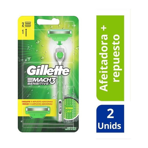 Maquina De Afeitar Gillette Mach3 Sensitive Aqua +2cartuchos