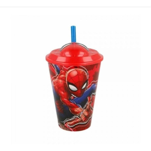 Vaso Con Tapa 3d Con Pajita Spiderman Hombre Araña Marvel Color Rojo
