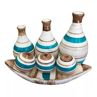 Trio Vasos Ceramica Com Prato 3 Bolas Decorativos Mesa.