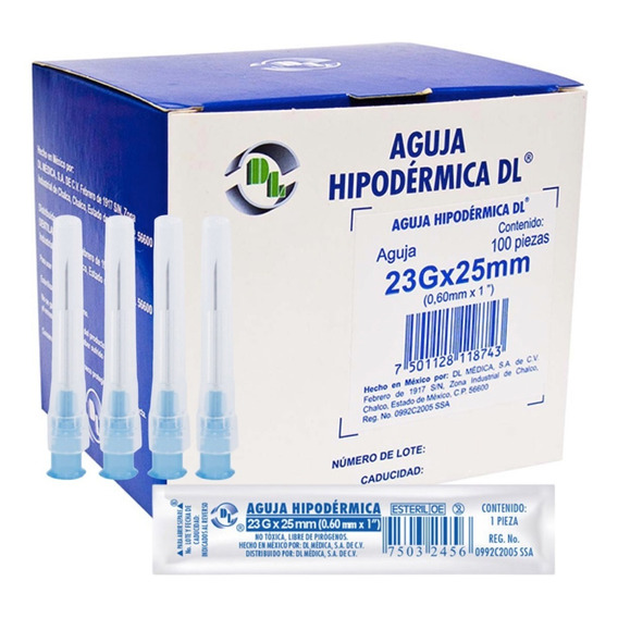 Aguja HiPodérmica Calibre 23g X 25  Azul Caja Con 100 Agujas