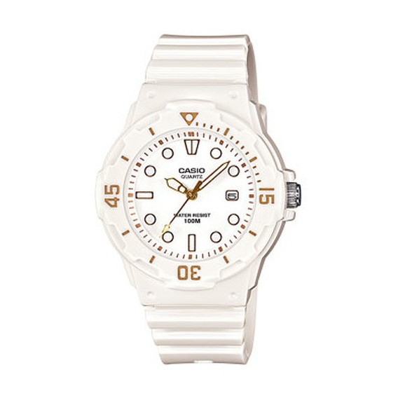 Reloj de pulsera Casio Youth LRW-200 de cuerpo color blanco, analógico, para mujer, fondo blanco, con correa de resina color blanco, agujas color dorado y blanco, dial blanco y dorado, minutero/segund