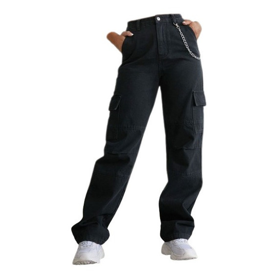 Pantalon Cargo Holgado Tiro Alto Bolsas Laterales 