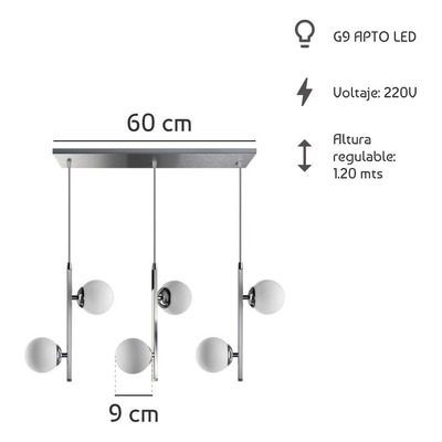 Colgante 6 Luces Elyn Diseño Cromo Globo Opal Apto Led Deco