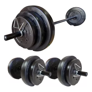 Kit Set 24kg Bsfit Discos Lisos Pesas + Barra +2 Mancuernas 