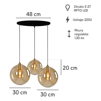 Colgante 3 Luces Caramel Ambar 30cm Y 20cm Apto Led Deco Cie