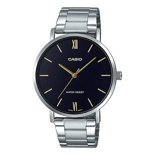 Reloj pulsera Casio Dress MTP-VT01 de cuerpo color plateado, analógico, para hombre, fondo negro, con correa de acero inoxidable color plateado, agujas color dorado, dial dorado, bisel color plateado y desplegable