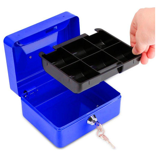 Caja Metálica De Seguridad Con Llave Y Bandeja 15x12x8cm Color Azul
