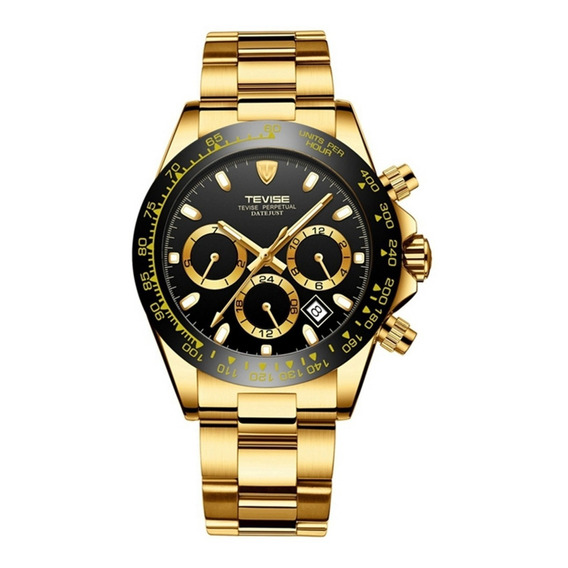 Reloj pulsera Tevise T822A de cuerpo color dorado, analógico, para hombre, fondo negro, con correa de acero inoxidable color dorado, agujas color dorado y blanco, dial dorado, subesferas color negro y